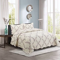 Marina Decoration Rich Printed Embossed Pinsonic Coverlet Bedspread Ultra Soft Home Bedding 3 Piece Summer Quilt Set with 2 Embossed Shams, Purple Orchid Cream Pattern King Size