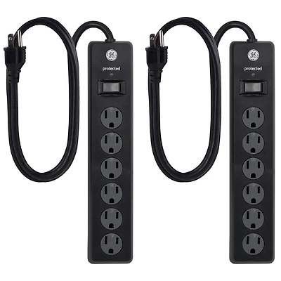 Rallonge de protection contre les surtensions à six prises GE, 0,9 m, deux par paquet, noir, 58188