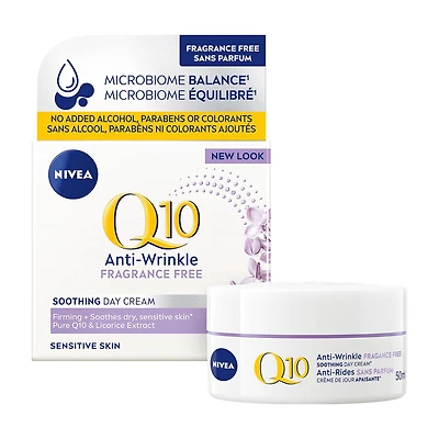 NIVEA Q10 Anti-Wrinkle Fragrance Free Soothing Day Cream, Anti-wrinkle face cream for sensitive skin, 50 mL jar