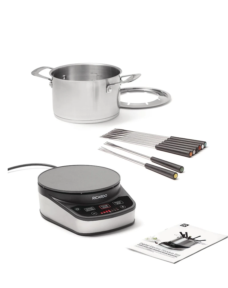 Ricardo Digital Electric Fondue Set, 11 Pieces, 3L (3.2Qt) Fondue Pot, Settings for Chineese Fondue, Cheese Fondue and Chocolate Fondue, 1200 Watts