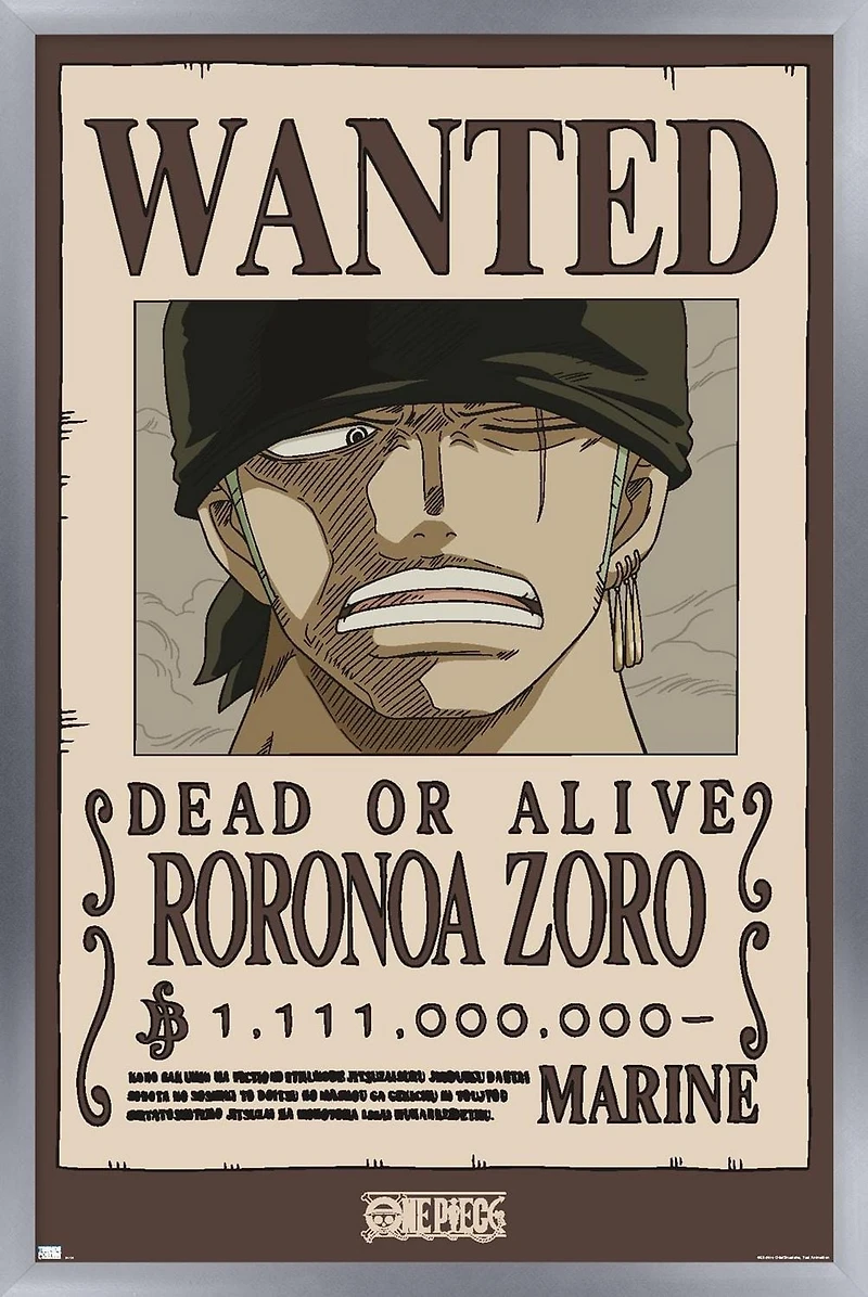 One Piece - Roronoa Zoro Wanted Poster Wall Poster, 22.375" x 34" Framed