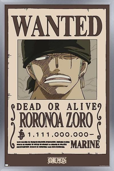 One Piece - Roronoa Zoro Wanted Poster Wall Poster, 22.375" x 34" Framed