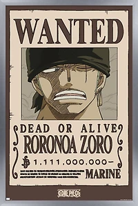 One Piece - Roronoa Zoro Wanted Poster Wall Poster, 22.375" x 34" Framed