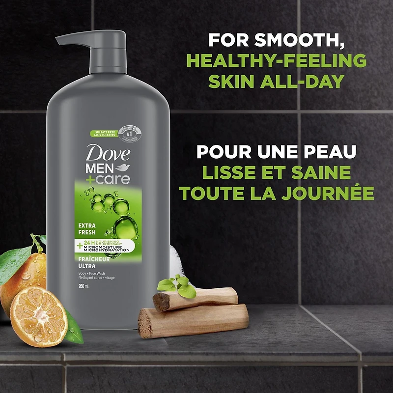 Dove Men+Care Extra Fresh Nettoyant Corps et Visage rafraîchissant avec technologie nourrissante 24 h MicroMoisture nettoyant corporel pour homme 950ml Nettoyant