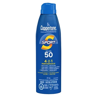 Coppertone Sport Sunscreen Spray SPF 50, 4-in-1 Performance, Sweat and Water Resistant Spray Sunscreen, 177mL, 177ml