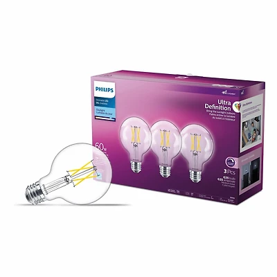 Philips Ultra Definition LED G25 E26 60W équivalent globe ampoule, lumière du jour dimmable (5000K) 3-Pack