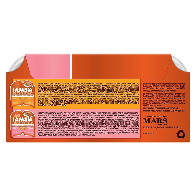 IAMS Perfect Portions Pâté Healthy Adult Recette au poulet et Recette au saumon sans céréales 12x75g
