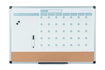 MasterVision Magnetic Dry Erase Monthly Calendar Planner Push Pin Corkboard Combo with Marker Tray, 18" x 24", Gray Plastic Frame