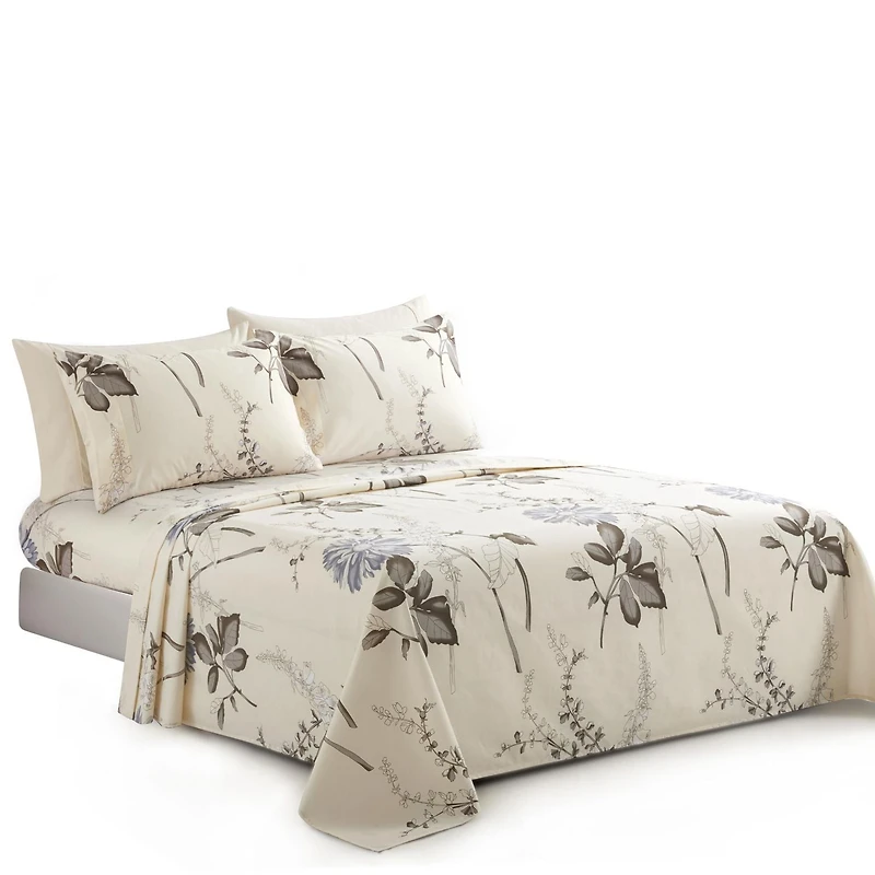 Marina Decoration Ultra Soft Silky Deep Pocket Rich Printed Bedding Rayon from Bamboo All Season Sheet Set with Pillowcases, Blue Chrysanthemum Floral Pattern