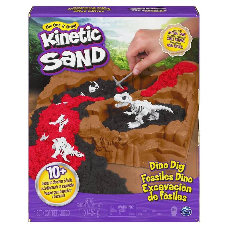 Kinetic Sand, Coffret Fossiles Dino avec 10 os de dinosaures cachés à découvrir, pour les enfants à partir de 6 ans