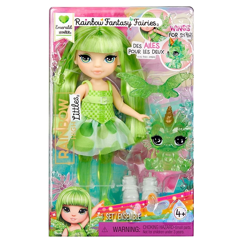 Fées Fantaisistes + animal Rainbow High Littles Rainbow – Emerald, petite poupée verte de 5,5 po (14 cm) et dragon
