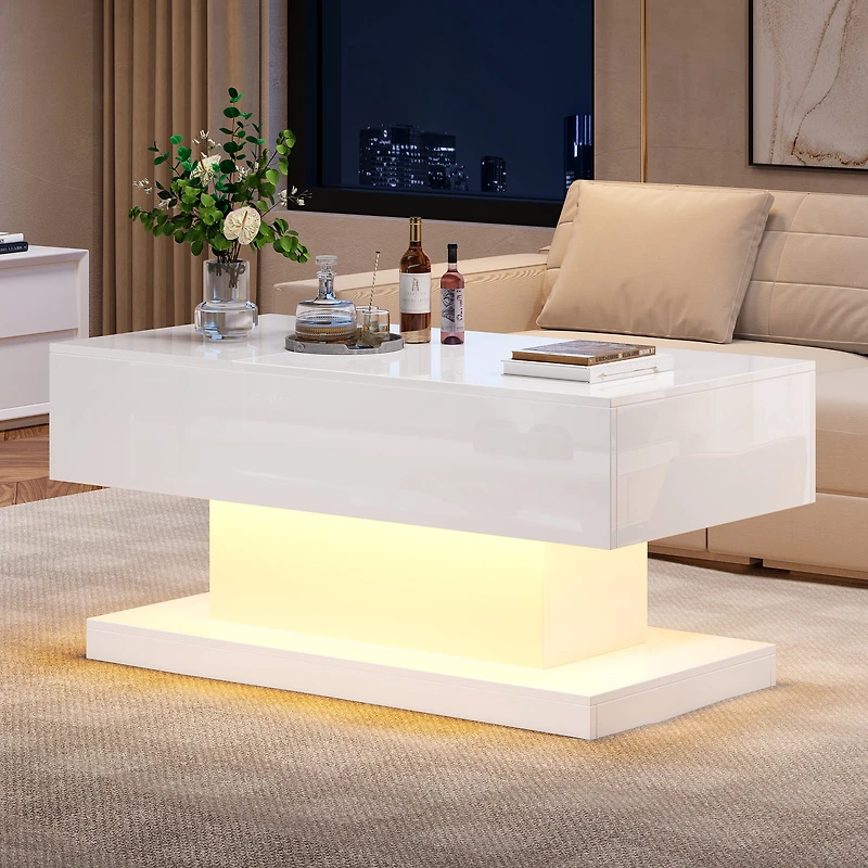 Table basse relevable Noble House, laquée brillante, éclairage DEL, plateau coulissant extensible et mécanisme de levage, blanche