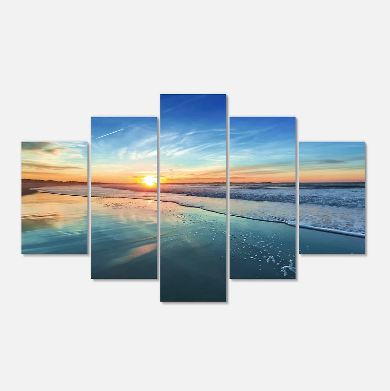 Design Art Blue Seashore with Distant Sunset Seashore Canvas Wall Art