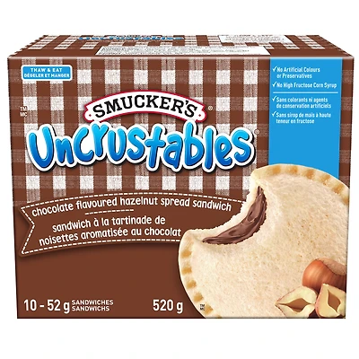 Smucker's Uncrustables Chocolate Flavoured Hazelnut Spread Sandwich, Frozen, Pack of 10, 52g, SM 52G UNCR CHO HZT SW 10PK