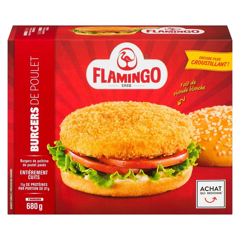 Burgers de poitrine de poulet panés et entièrement cuits, Flamingo Burgers de poitrine de poulet panés et entièrement cuits, 680 g 11g de proteines