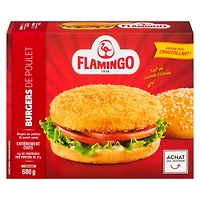 Burgers de poitrine de poulet panés et entièrement cuits, Flamingo Burgers de poitrine de poulet panés et entièrement cuits, 680 g 11g de proteines