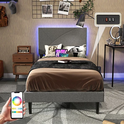 Lit simple rembourré Homy Casa avec chargeur et éclairage DEL, tête de lit moderne, gris