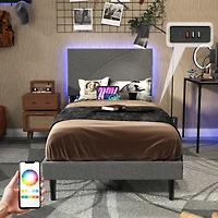 Homy Casa Upholstered Twin Bed with Tech Charging and LED Lights, Modern Headboard, Grey