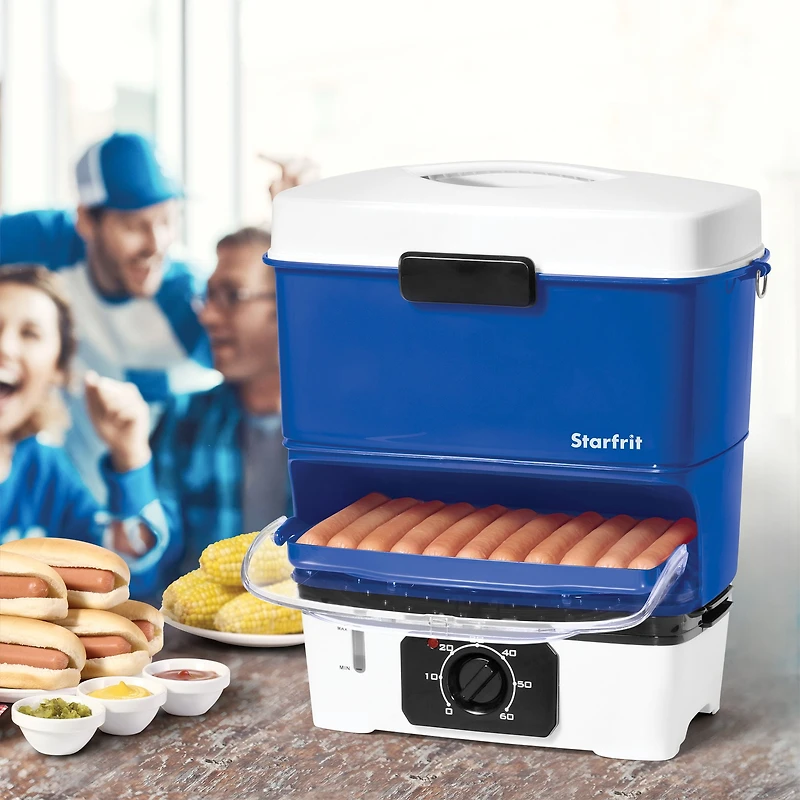 Starfrit Electric Hot Dog Steamer, Steams up to 12 Hot-Dogs, Nestable Components for Easy Storage, Special Edition Blue