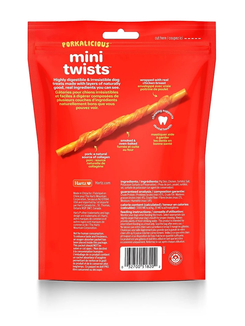 Hartz Oinkies Chicken Pig Skin Mini Twists Chew Dog Treats, 32pk