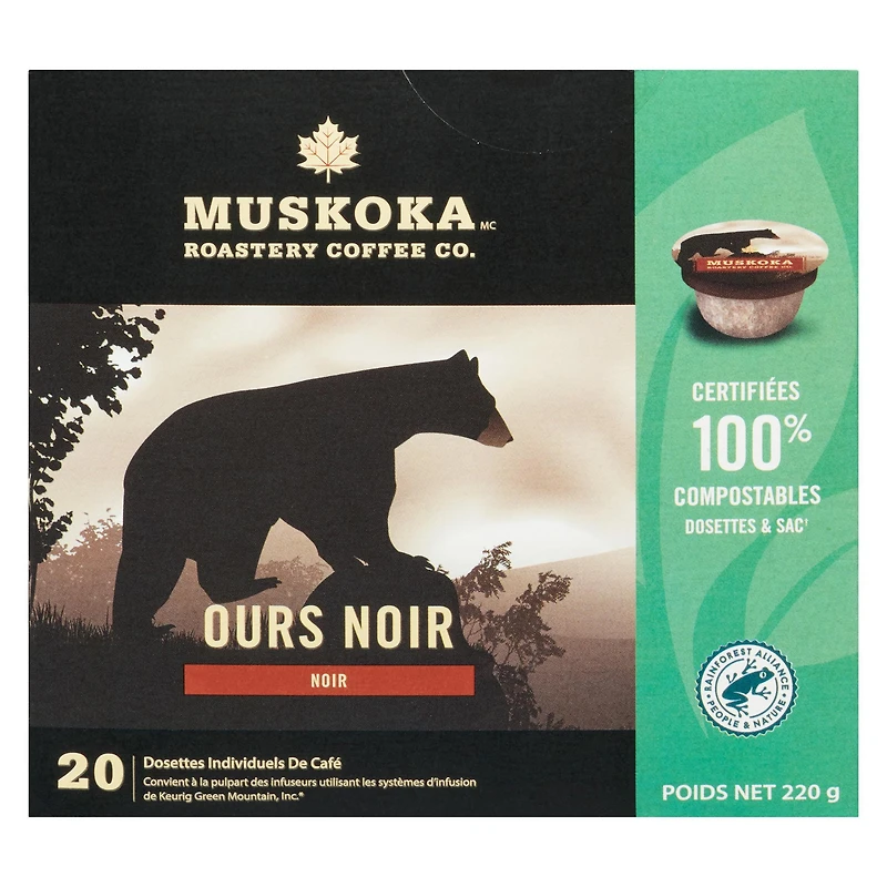 Dosettes de café Ours Noir de Muskoka Roastery Coffee Co. à torréfaction foncée en emballage d'une portion