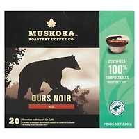 Dosettes de café Ours Noir de Muskoka Roastery Coffee Co. à torréfaction foncée en emballage d'une portion