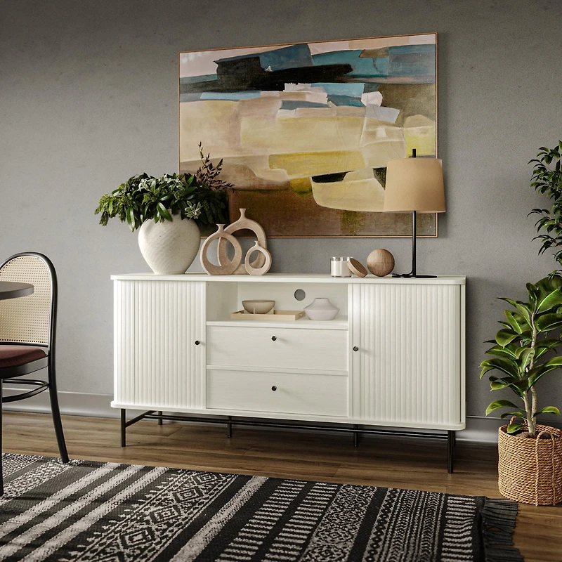 Corliving Hikari Sideboard Buffet Cabinet with 2 Sliding Doors, Sideboard with Open and Close Storage, Accent Sideboard for Dining Room, Living Room, White