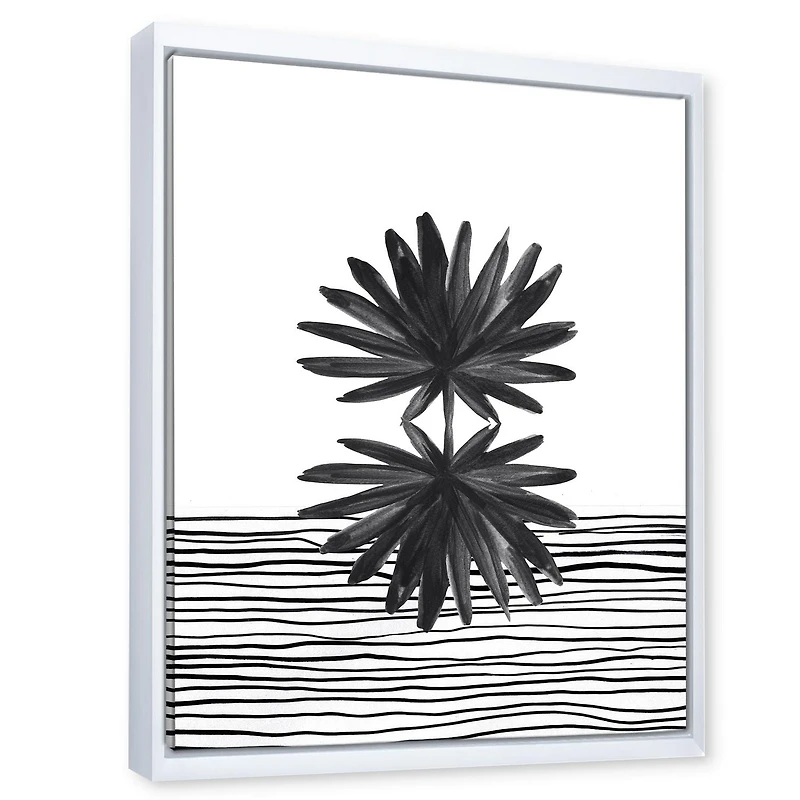 Designart Feuille tropicale noire et blanche sur rayures II ART MURAL À CADRE FLOTTÉ