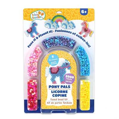 TINY HANDS Pony Pals Fused Bead Kit, 2,000 Beads Craft Kit for Kids Ages 6+, DIY Bead Set with Pegboards, Tweezers and Ironing Sheet