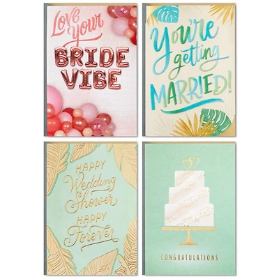 Assortiment de cartes Hallmark pour les événements liés au mariage, 4 cartes et enveloppes (Fiançailles, félicitations, enterrement de vie de jeune fille, fête prénuptiale, mariage)
