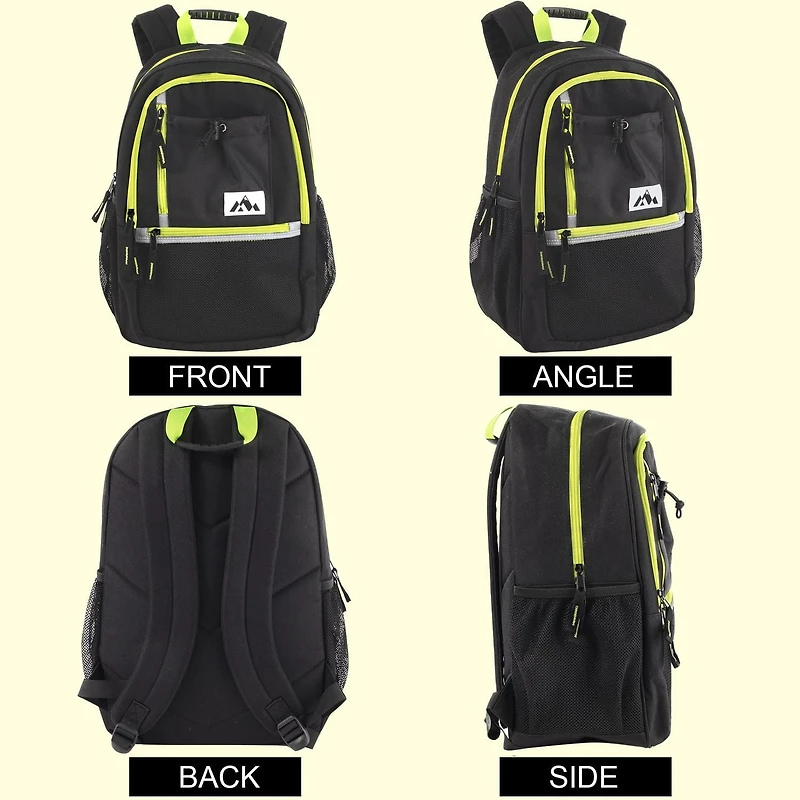 Trail Maker Multi-Pocket Backpack with Front Mesh Zipper Pocket, Side Mesh Pockets, Padded Laptop Pocket, Rubber Grip Handle & Reflective Trim for Travel, Commute, School & Gym in Black & Neon Green