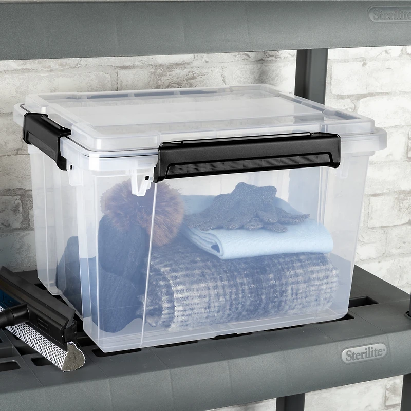 Sterilite 32 L Gasket Box, WaterProof Clear Plastic Storage Bin with Lid, Gasket Seal and Durable Latches, Black, 4 Pk