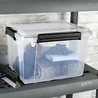 Sterilite 32 L Gasket Box, WaterProof Clear Plastic Storage Bin with Lid, Gasket Seal and Durable Latches, Black, 4 Pk