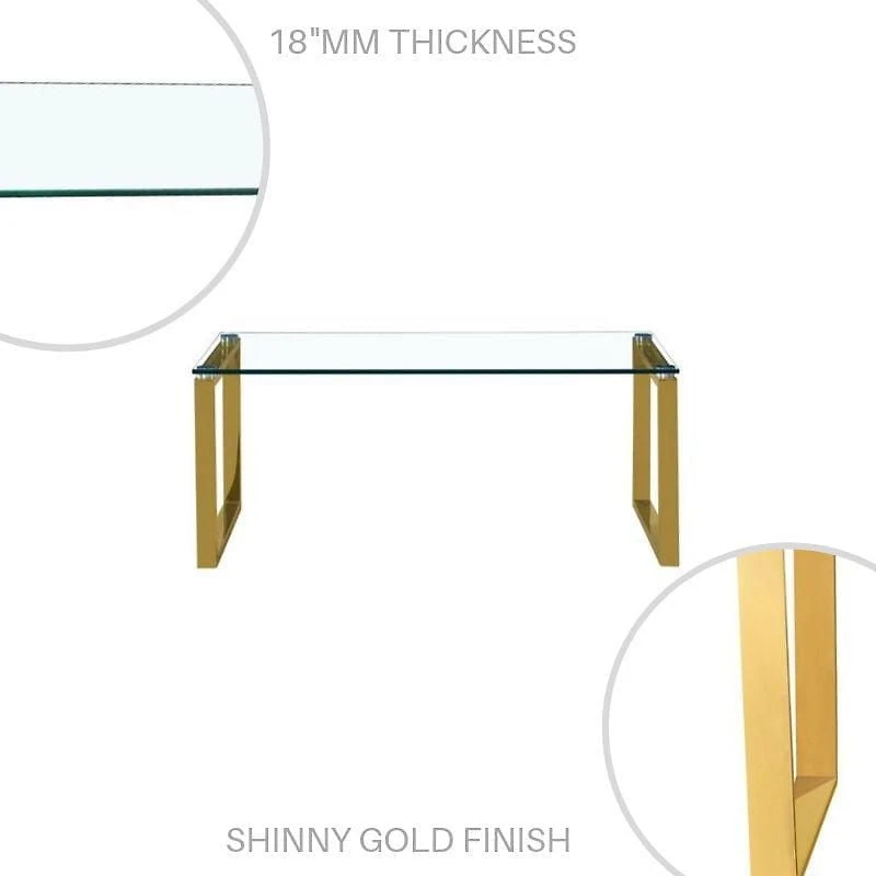 Grande table basse Gyna – Plateau en verre élégant avec pieds dorés brillants, design moderne
