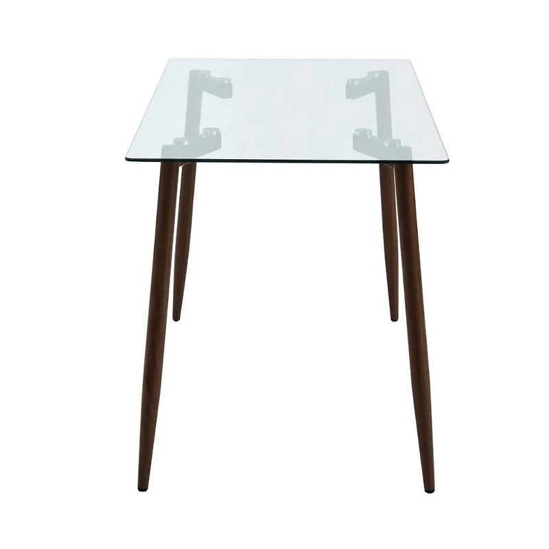 Table à manger rectangulaire moderne avec plateau en verre trempé élégant, pieds en métal style noyer, parfaite pour 4 personnes