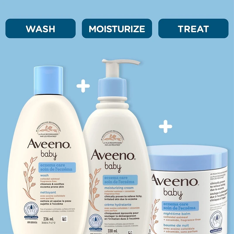 Crème hydratante pour le corps Aveeno Soin de l’eczéma pour bébés avec céramides, lotion pour peau sèche, sans parfum, sans parabènes, avoine colloïdale 330 ml