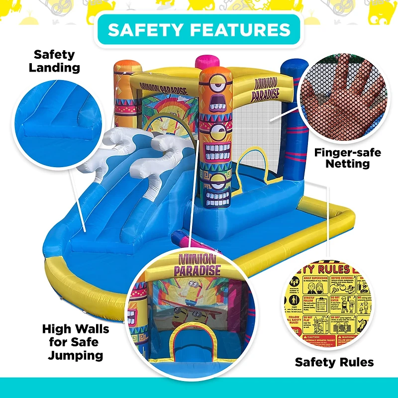 Funormous Minions Bounce House avec toboggan aquatique : pour s'amuser à l'intérieur comme à l'extérieur, comprend un souffleur d'air avec disjoncteur différentiel pour les enfants âgés de 3 à 8 ans.