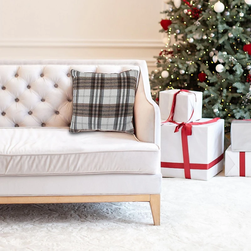 Checked Poly-Cotton Cushion With Sherpa At Back Brown Stripe - Set of 2