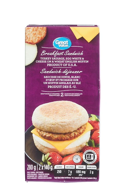 Great Value Breakfast Sandwich, Turkey Sausage, Egg White and Cheese on a Wheat English Muffin