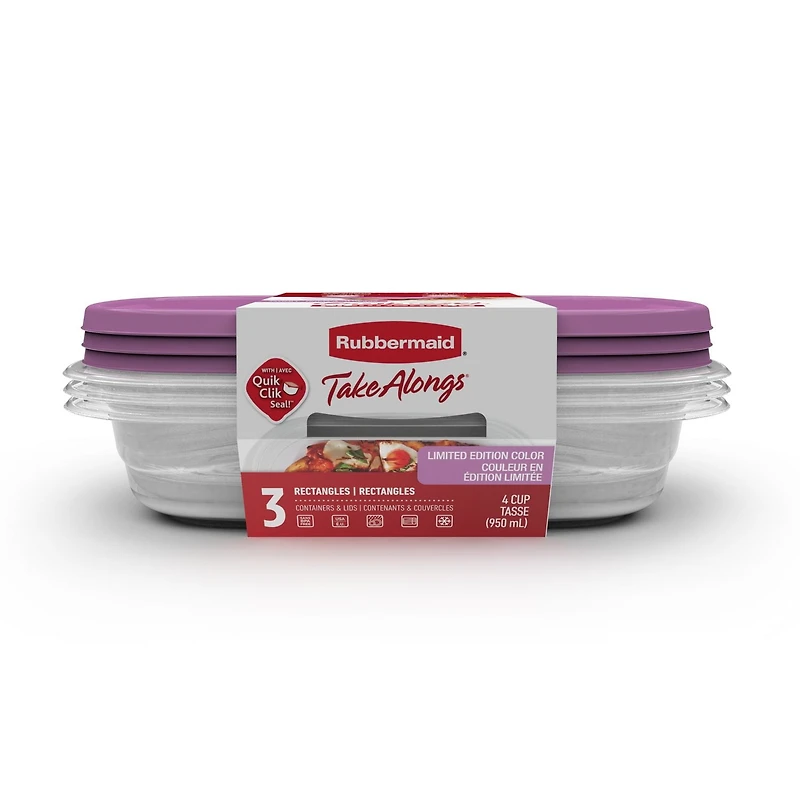 Rubbermaid TakeAlongs 950 ml (4 tasses) récipients de rangement rectangulaires pour les aliments, série spéciale violet orchidée, ensemble de 3
