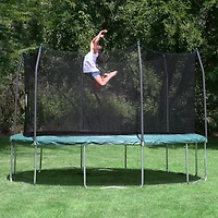 SKYWALKER TRAMPOLINES Trampoline d'extérieur rond vert de 4,5 m pour enfants avec filet de sécurité et coussin à ressorts, homologation ASTM, résistant à la rouille