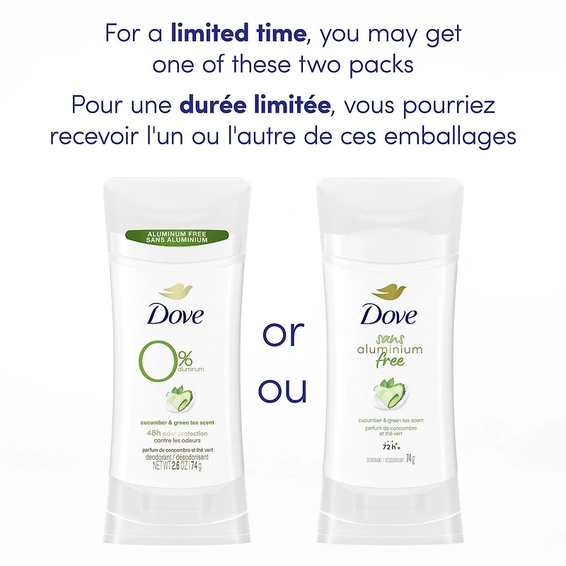 Dove sans aluminium Déodorant pour femmes, parfum concombre et thé vert avec 1/4 d'hydratants pour des aisselles douces et confortables 74g
