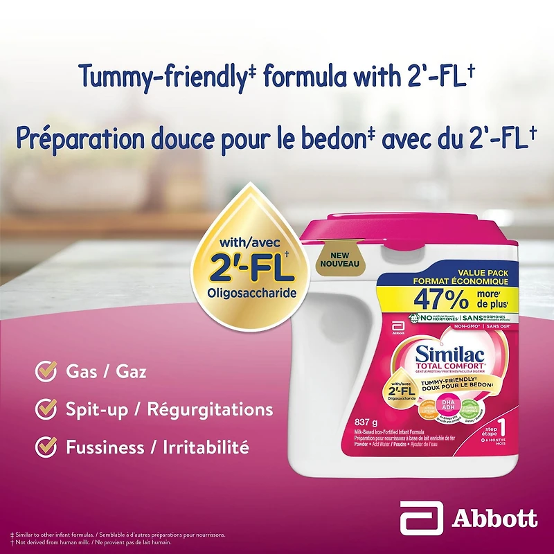 Similac Total Comfort, Baby Formula, Tummy-Friendly, Easy To Digest, Now With Breast Milk-Inspired Innovation 2’-FL, 0+ Months, Powder, 837 g, 837 G