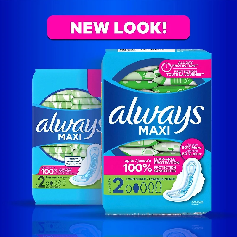 Always Maxi Feminine Pads with Wings for Women, Size 2, Long Super Absorbency, Unscented, 60CT