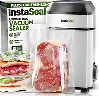 InstaSeal Vacuum Sealer Food Saver Bag Sealer Machine With 12 Food Safe Quart Size Storage Bags Upright Suction Base, Vacuum Sealer
