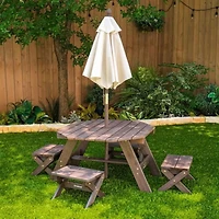 Ensemble de tabourets, parasol et table octogonale de bois - brun ours et beige