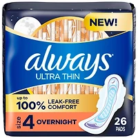 Always Ultra Thin Feminine Pads with Wings for Women, Size 4, Overnight Absorbency, Unscented