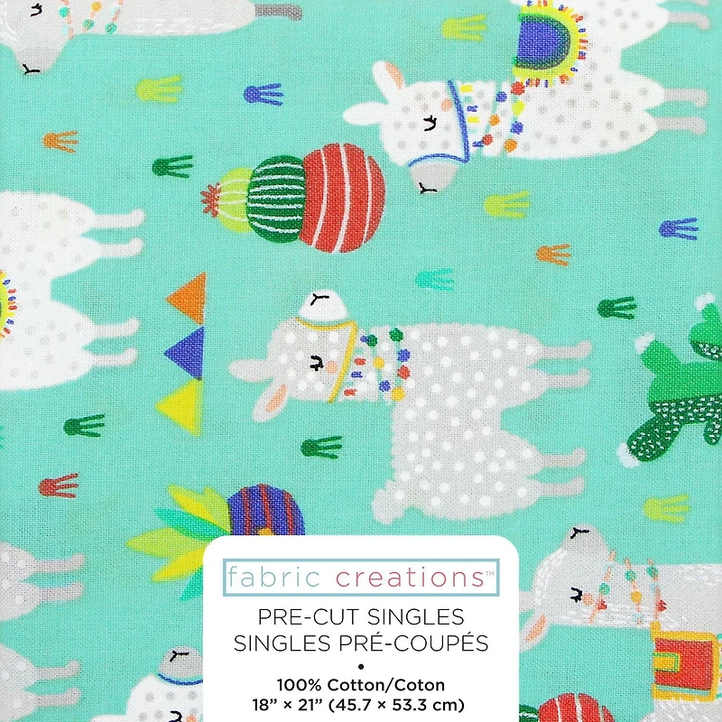 Fabric Creations Turquoise with Llamas and Cacti Fat Quarter Pre-Cut Fabric - 18" x 21" / 45cm x 53cm