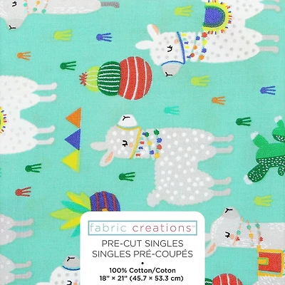 Fabric Creations Turquoise with Llamas and Cacti Fat Quarter Pre-Cut Fabric - 18" x 21" / 45cm x 53cm