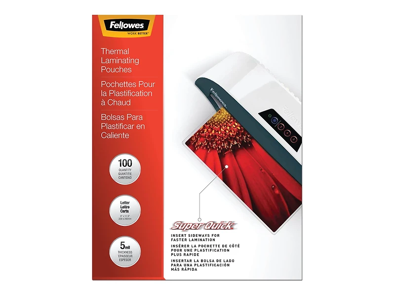 Fellowes® Super Quick Laminating Pouches, Letter, 5 mil, 100 pack